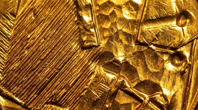 Macro closeup shot of a textured golden metal coin surface showing intricate details