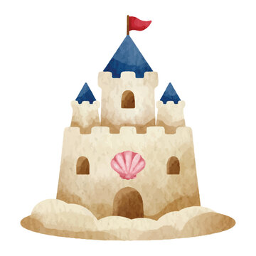 Watercolor Sand Castle Illustration Isolated on White Background. Perfect for beach, summer, vacation, holiday, seaside, and tropical designs.