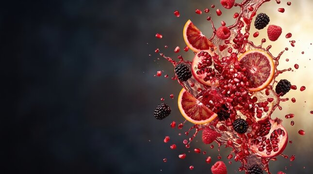 Orange, pomegranate, and blackberry fruit juice splash