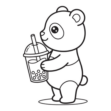 Cute Cartoon Panda Drinking Boba Milk Tea Coloring Page Line Art Vector Illustration for Kids Activity Book Printable Design.