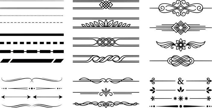 Set of decorative horizontal dividers and text separators for page design, elegant calligraphic lines and ornaments