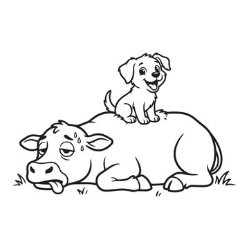 Cute Puppy Sitting On Tired Lying Cow Outline Vector Illustration For Kids Coloring Page Sticker Shirt Design Farm Clipart.