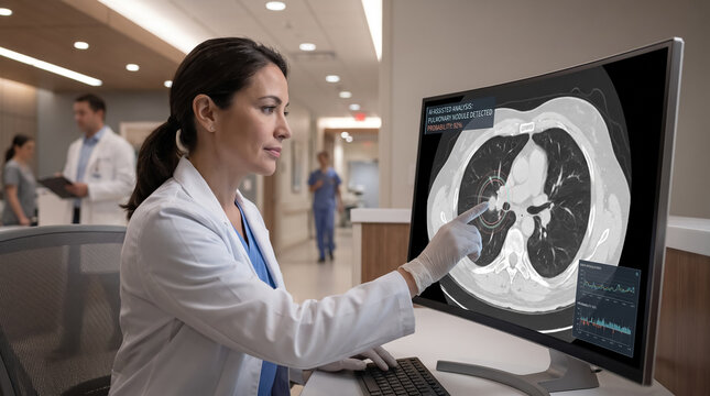 Female doctor touching large monitor analyzing detailed lung scan