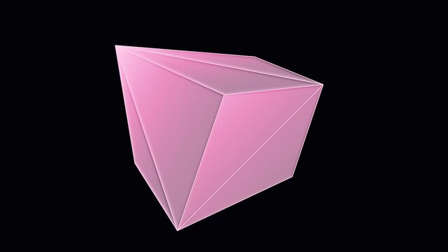 Minimalist pink geometric polyhedral prism isolated on a dark black background