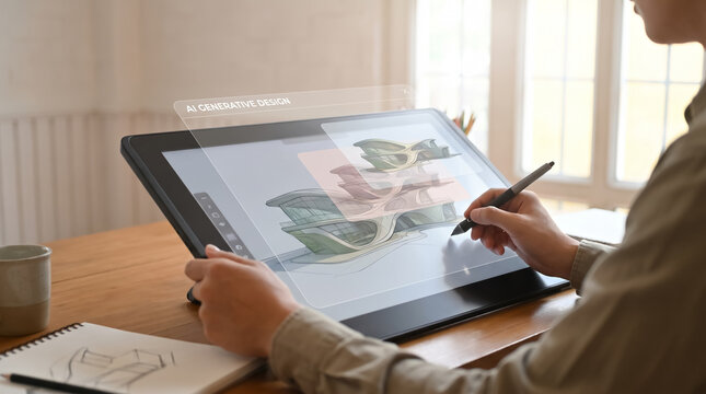 Designer using stylus on drawing tablet showing landscape design