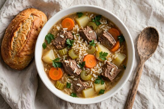 Hearty German beef and rice soup with potatoes carrots and celery