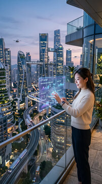 Woman using glowing tablet hologram over advanced city