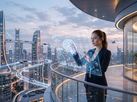 Woman interacting with glowing network hologram over futuristic city