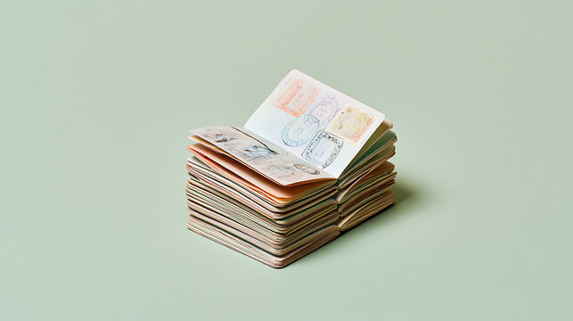 A tall stack of multiple open and closed international travel passports with visa stamps placed on a clean solid green pastel studio background