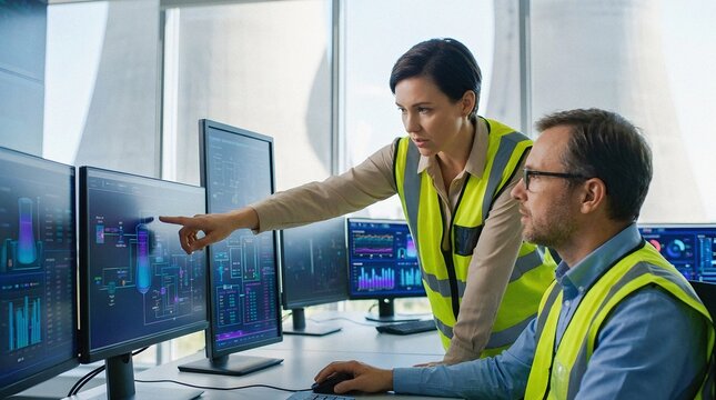 Engineers analyzing industrial data on computers in a plant control room