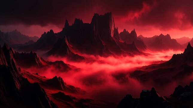 Crimson mountain range with dramatic peaks shrouded in red fog and mist. Jagged rock formations create a desolate, infernal landscape under a dark sky.
