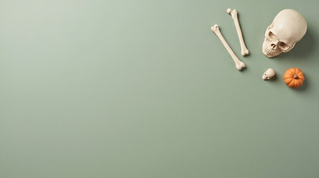 Top view of a human skull with bones and a small pumpkin on a plain light green halloween background