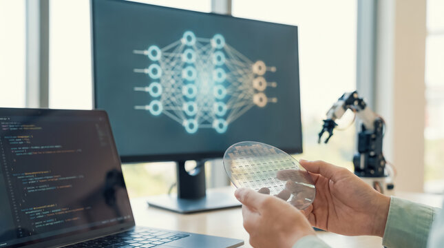 Hands holding semiconductor wafer near dual monitors showing AI
