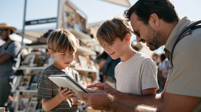 Scout troop leader close up of weathered hands guiding a ten year old through tablet navigation skills at a vibrant outdoor market stall, shelves of handmade goods visible behind