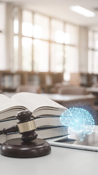 Glowing brain hologram floating above tablet and law book