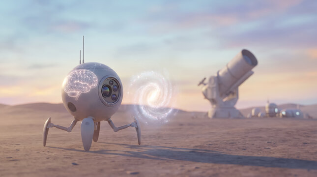Spherical robot rover exploring desert planet surface