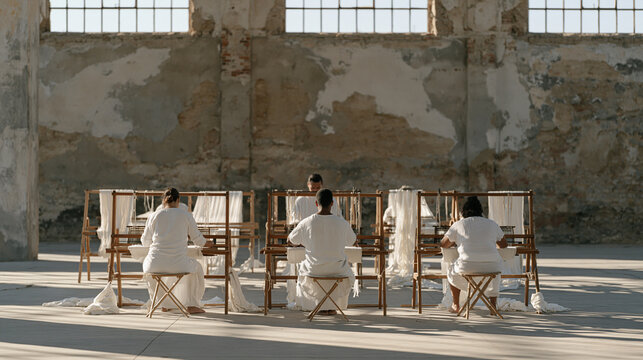 Tapestry weavers working in a group in a sun-bleached abandoned warehouse, handlooms stretched across crumbling walls, minority artisan founders weaving together in a desolate