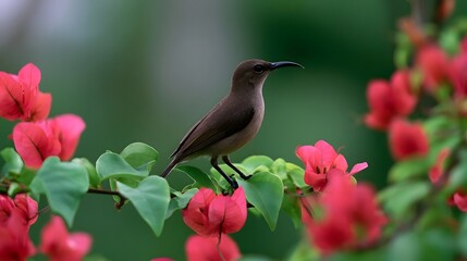 Naklejka premium A small brown bird with a curved beak perched on a branch among bright pink flowers and green leaves