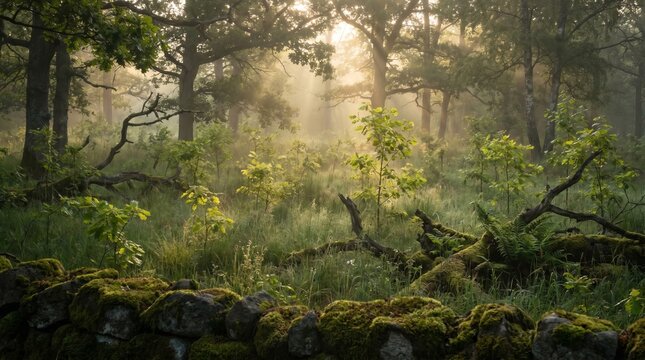 Misty forest floor with ancient trees, moss covered stones, filtered sunlight