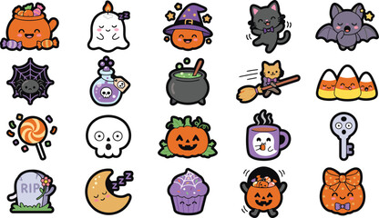 Obraz premium Set of cute hand drawn halloween stickers featuring pumpkins ghosts cats bats and festive holiday icons