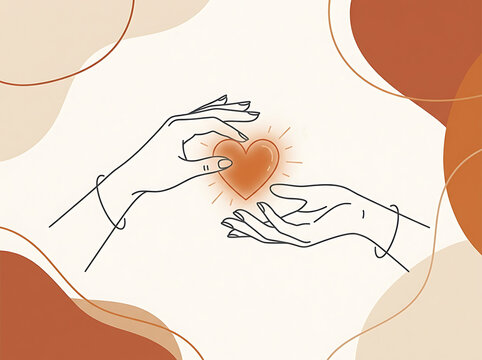 Two hands holding a glowing orange heart shape in minimalist style illustration