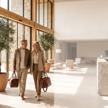 A sophisticated couple walks hand-in-hand through a luxurious, sun-drenched hotel lobby, each carrying an elegant leather travel bag, embodying modern travel and refined lifestyle.