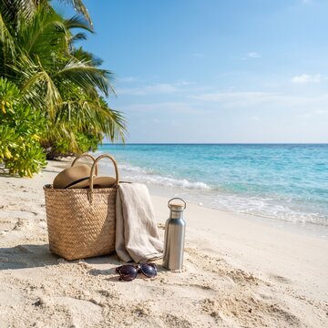 A woven beach bag filled with a straw hat, sunglasses, a towel, and a water bottle rests on a pristine sandy shore.