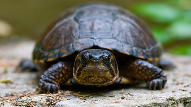 A close up of a turtle on a stone surface  showing detailed shell patterns and textured skin with natural outdoor lighting