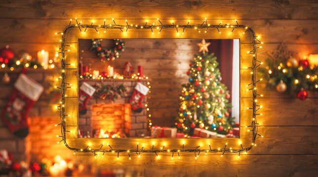 Vista exterior de una ventana de madera nevada enmarcada con luces c&aacute;lidas, mirando hacia una acogedora sala de estar navide&ntilde;a con &aacute;rbol, chimenea y regalos.