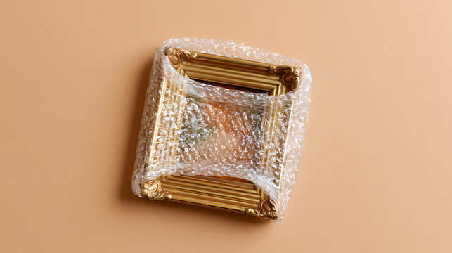 Gold ornate picture frame wrapped in clear bubble wrap for safe transport and storage isolated on a solid light brown studio background