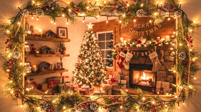 Vista exterior de una ventana de madera nevada enmarcada con luces c&aacute;lidas, mirando hacia una acogedora sala de estar navide&ntilde;a con &aacute;rbol, chimenea y regalos.