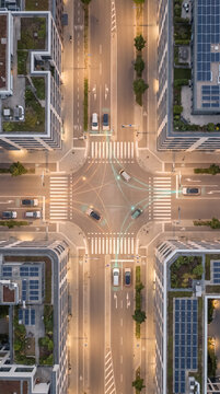 Top down view of modern smart city intersection with network lines