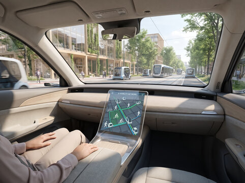 Couple holding hands in autonomous car on sustainable city commute
