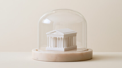 Fototapeta premium Minimalist white architectural model of classical ancient temple protected under clear glass dome on neutral beige background for project