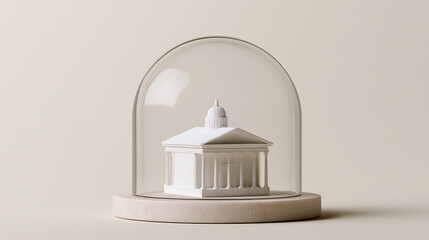 Fototapeta premium Minimalist white neoclassical building model protected under a clear glass dome on a wooden podium against a neutral background scene