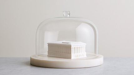 Fototapeta premium Minimalist white architectural model of classical building protected inside transparent glass cloche dome on marble base studio scene