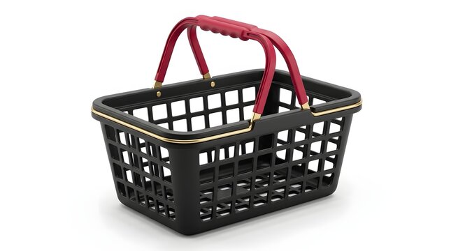 Elegant Black and Gold Accented Shopping Basket with Vibrant Red Handles for Stylish Groceries