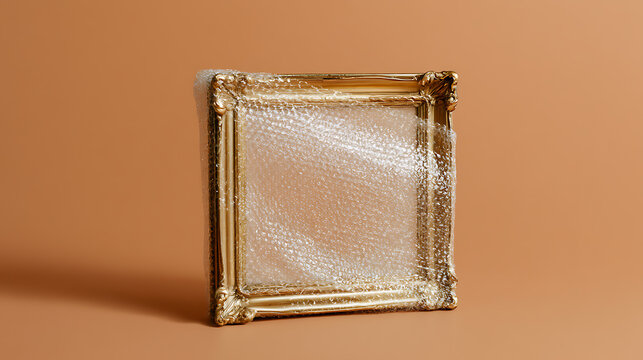 An ornate golden picture frame wrapped carefully in protective bubble wrap against a minimalist warm beige studio background for art safety