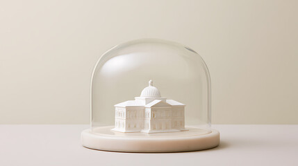 Fototapeta premium Minimalist white architectural model of neoclassical building protected inside clear glass cloche dome on neutral studio background surface