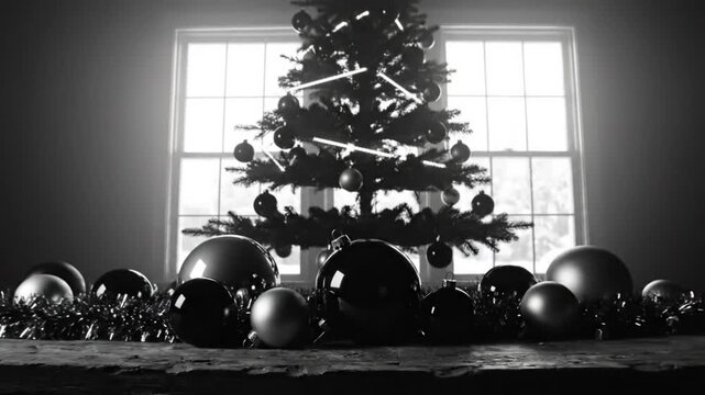 Black and white Christmas scene with ornaments, a decorated tree, and tinsel on a rustic surface