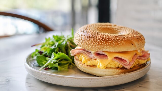 Sesame bagel breakfast sandwich with scrambled eggs, ham and melted cheese served with fresh leafy salad, balanced protein-rich brunch meal for cafe dining, grab-and-go takeaway and healthy eating