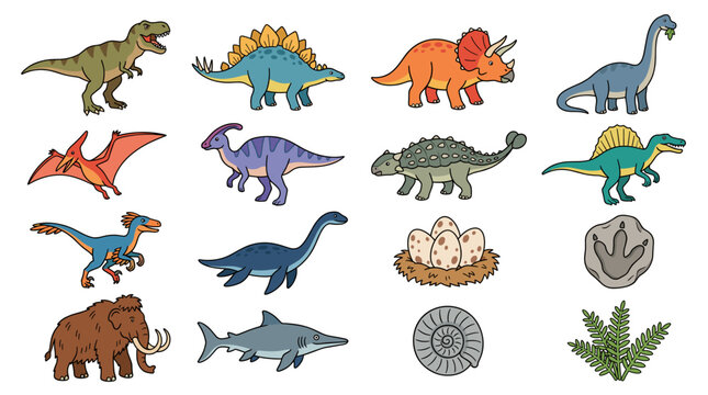 Collection of cartoon dinosaurs and prehistoric creatures with eggs footprint fossil and fern