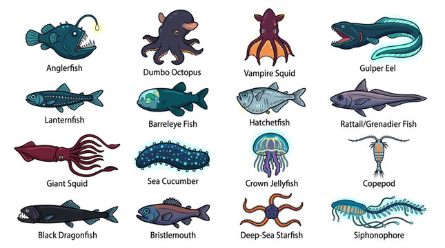 Collection of Deep Sea Creatures and Marine Life Illustrations with Labels