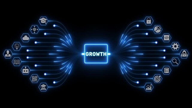 Growth concept with connected business icons and radiant blue pathways illustrating business expansion and progress across a dark corporate background