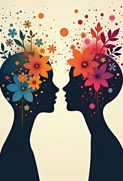 Two people face each other as colorful flowers bloom from their heads