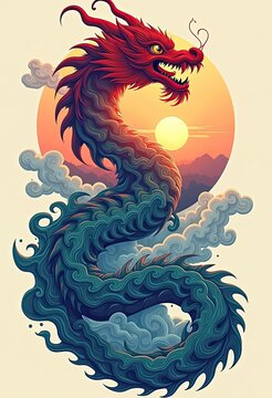 Red dragon coils through clouds against glowing sunset sky