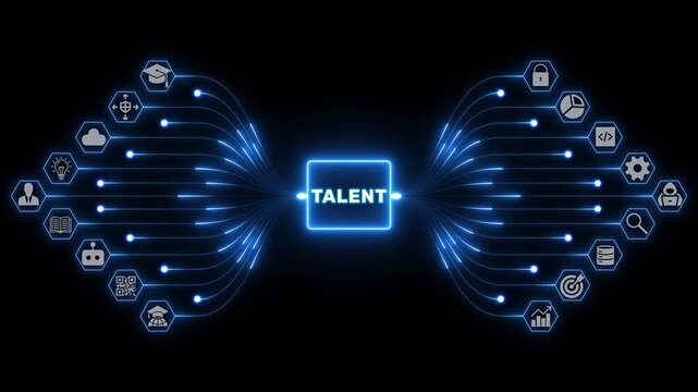 Talent concept with connected business icons and luminous blue pathways connecting skilled professionals across a modern workforce network visual