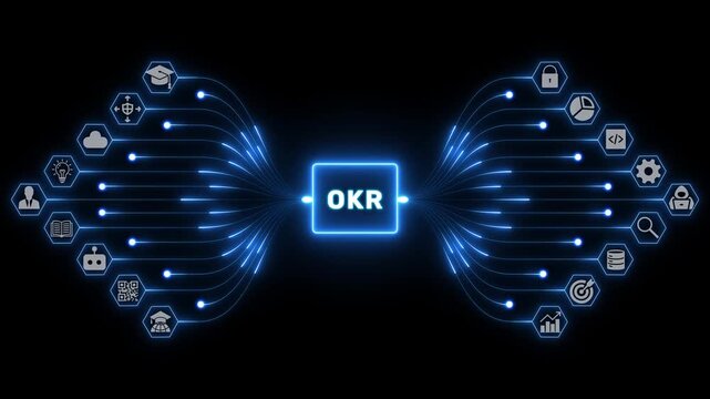 OKR concept with business icons and glowing blue pathways illustrating objectives and performance planning across a dark corporate network background