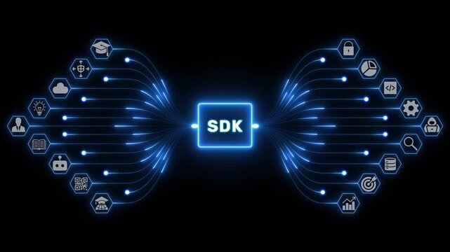 SDK software development concept with coding icons and blue pathways connecting applications across a digital technology network on dark background