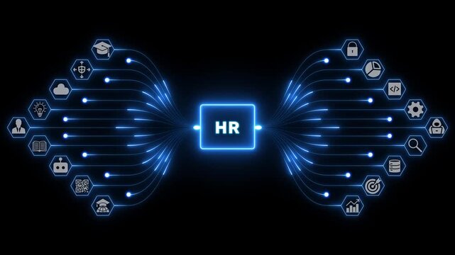 HR concept with professional icons and glowing blue pathways illustrating human resource management across a connected corporate network background